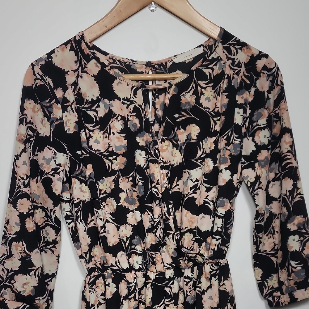 Lush Black and Cream Floral Long Sleeve Dress